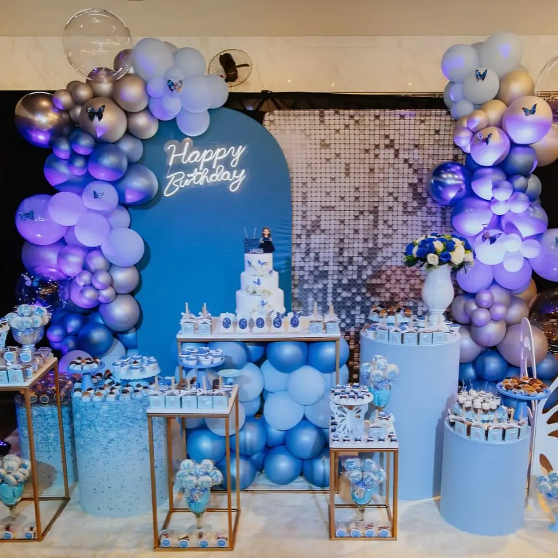 Decoração de festa com tema Borboletas montada no Recanto Mania