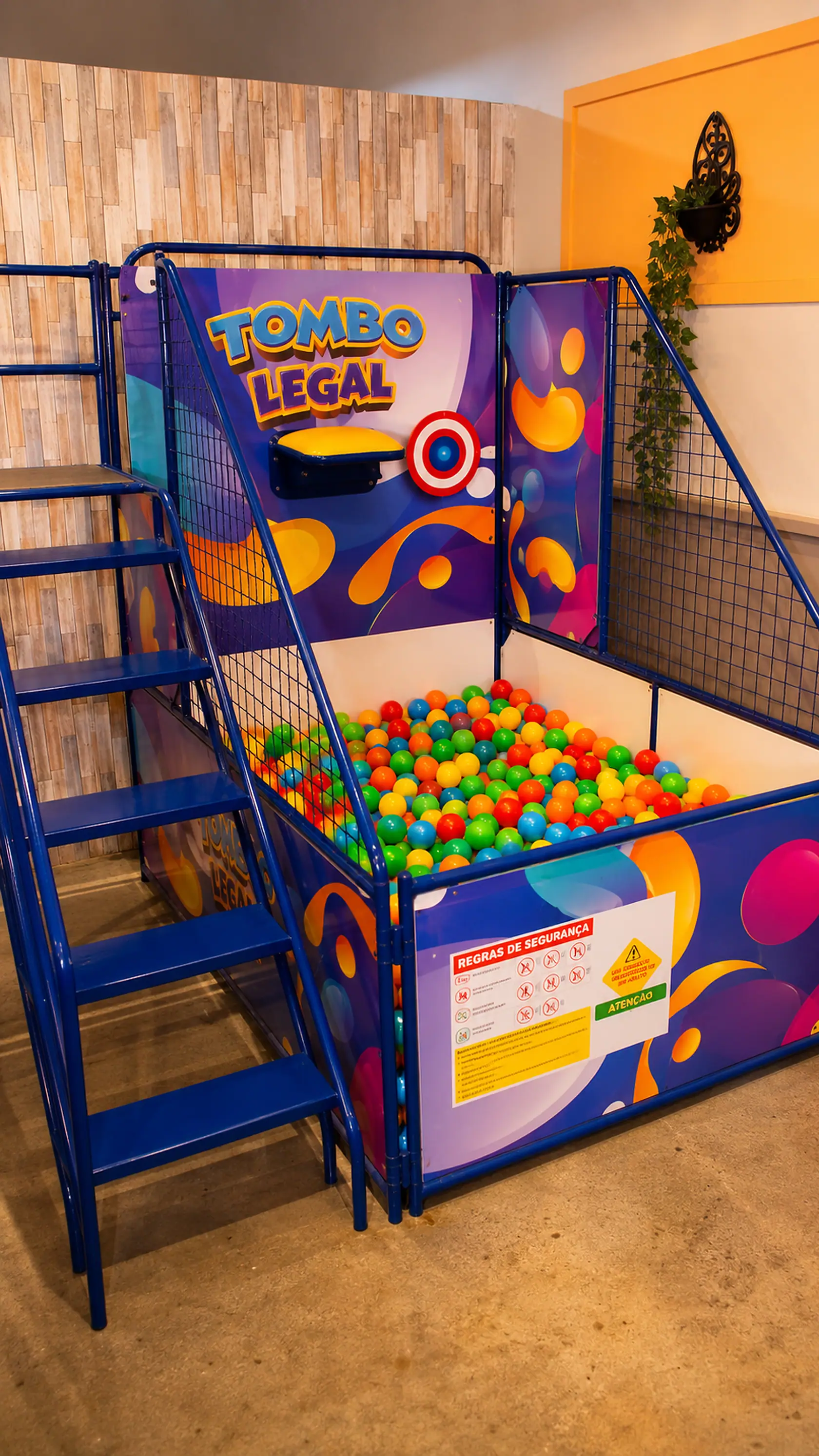 Brinquedo Tombo Legal: arena com piscina de bolinhas coloridas e escada de acesso